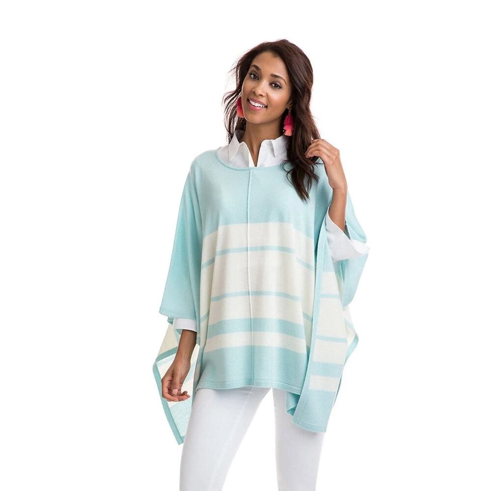Vineyard Vines Sweater Poncho Women ML Blue Excellent Wool Cashmere Striped Wrap